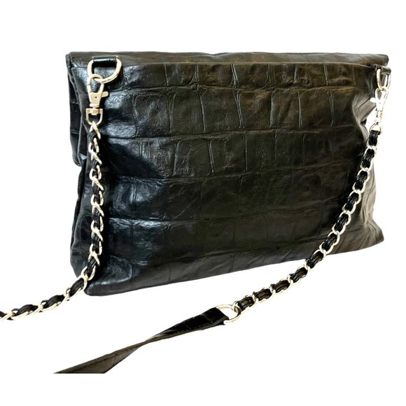 Nicole Miller Black Embossed PVC Leather Croc Zip Crossbody Bag Shoulder Purse - Picture 2 of 15